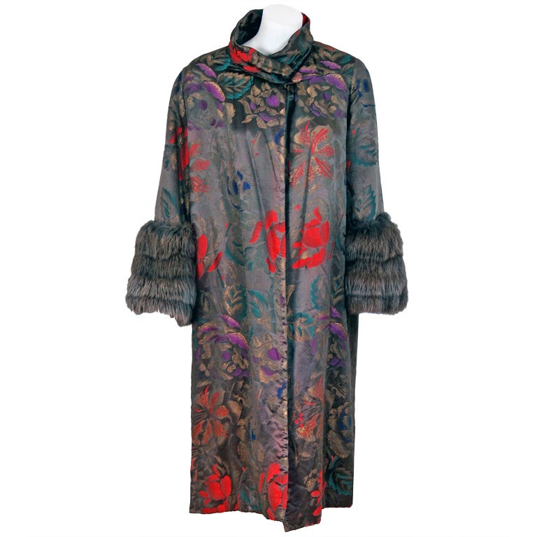 1920's Metallic Floral-Lame & Fox Fur Deco Evening Flapper Coat