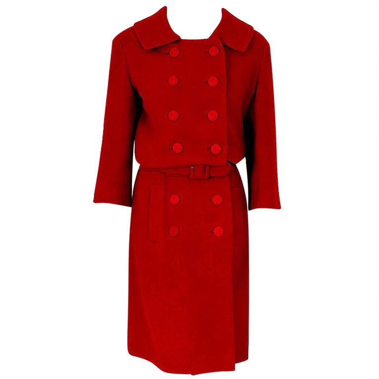 1957 Christian Dior Haute-Couture Red Wool Double-Breasted Dress Suit Ensemble