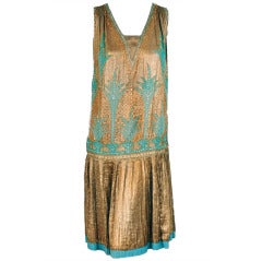 1920's French Metallic-Gold Lame Beaded Pleated Flapper Dress