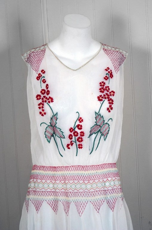 Romantic cotton dresses from the early 20th century are perennial favorites. The garment's simple unstructured style is so modern; the fine floral-embroidery and smocking are a treasure trove of needle art. The embroidery work is actually raised and