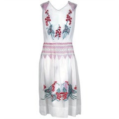 1920's Bohemian Embroidered White-Cotton Floral Flapper Peasant Dress