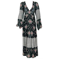 Vintage 1970's Thea Porter Rare Low-Cut Plunge Voile-Cotton & Lace Dress