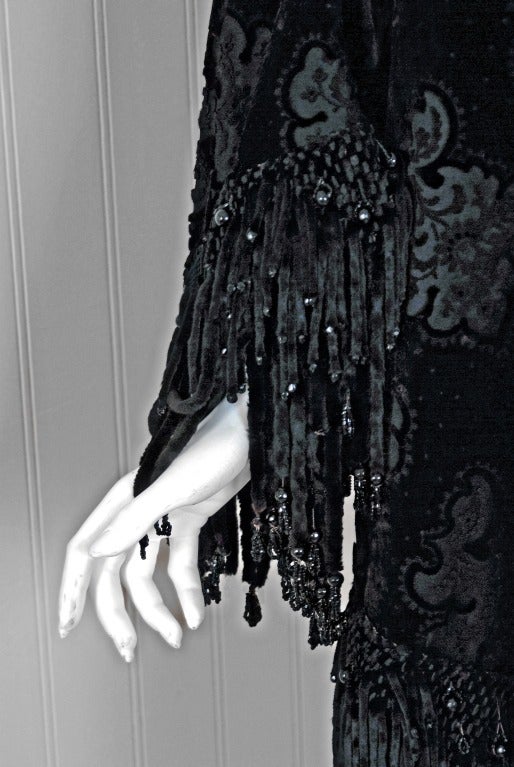 1890's Dramatic Victorian Beaded Fringe Cut-Velvet Mantle Jacket
