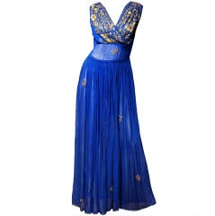 1940's Royal-Blue Embroidered Chiffon Shelf-Bust Evening Gown