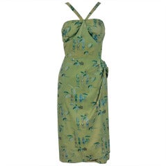 Retro 1950's Alfred Shaheen Hawaiian Sage-Green Wiggle Sarong Dress