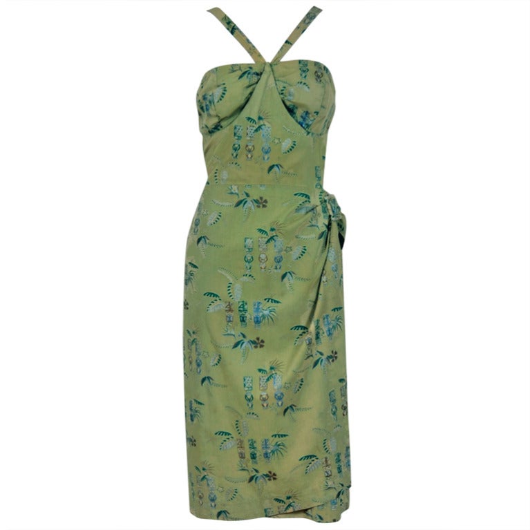 1950's Alfred Shaheen Hawaiian Sage-Green Wiggle Sarong Dress