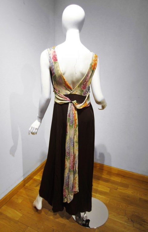 1990's Jean Paul Gaultier Brown Floral Garden Silk Bias-Cut Gown In Excellent Condition In Beverly Hills, CA
