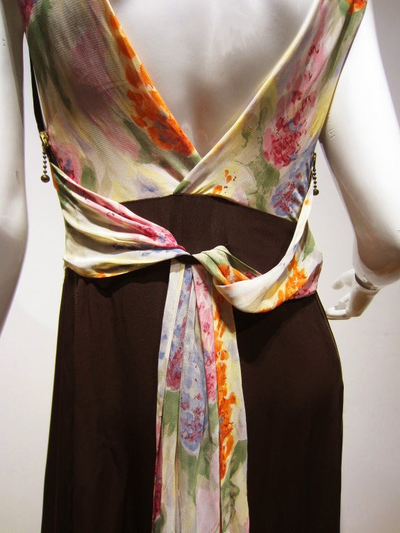 Women's 1990's Jean Paul Gaultier Brown Floral Garden Silk Bias-Cut Gown