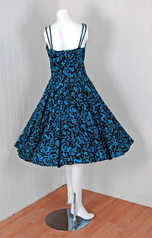 1950's Turquoise Mexican Sequin Cotton Animal Novelty Sun Dress 1
