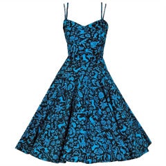 Retro 1950's Turquoise Mexican Sequin Cotton Animal Novelty Sun Dress