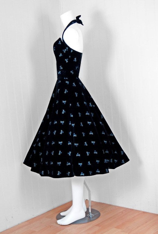 Black 1950's Buggy-Car Novelty Print Velvet Halter Circle-Skirt Dress Set