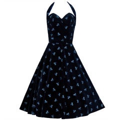 1950's Buggy-Car Novelty Print Velvet Halter Circle-Skirt Dress Set