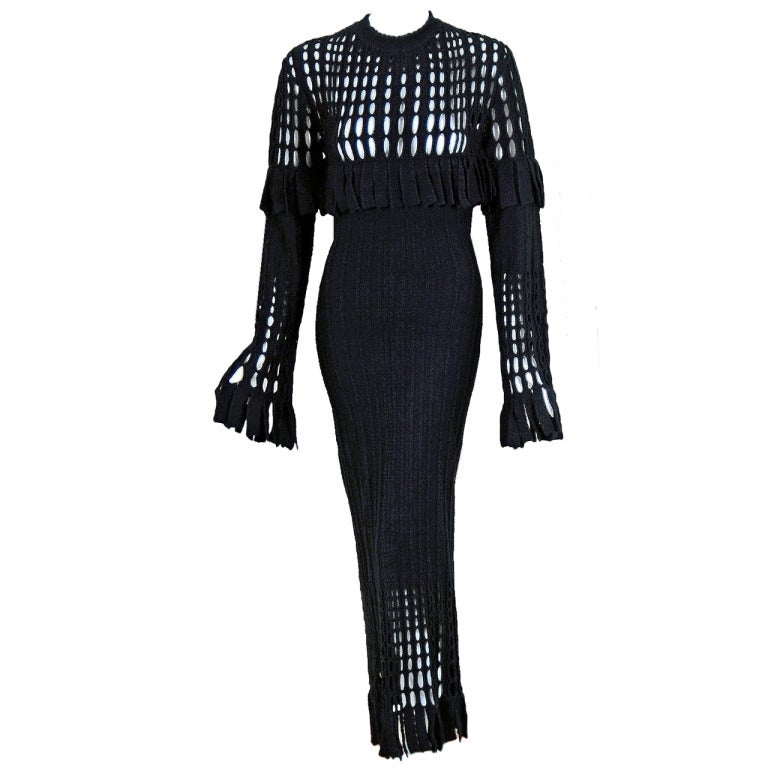 1990
s Azzedine Alaia Black Fringed Knit-Wool Hourglass Gown Dress