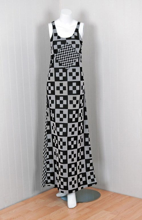 1971 Rudi Gernreich Op-Art  Gray & Black Checkered Maxi Dress