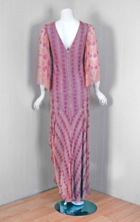 Women's 1970's Thea Porter Couture Pink Silk-Chiffon Glitter Goddess Evening Gown