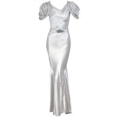 1930's White Silk-Satin Hourglass Bias-Cut Deco Evening Gown