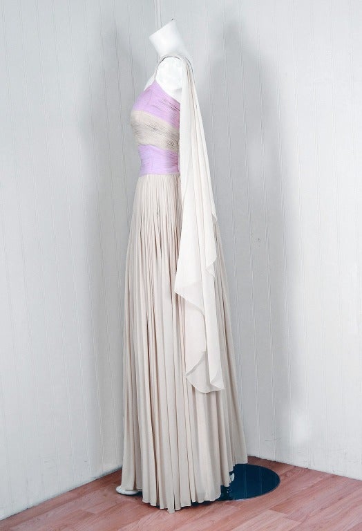 Women's 1950's Heavily-Pleated Ivory Lilac Couture Silk-Jersey Grecian Gown