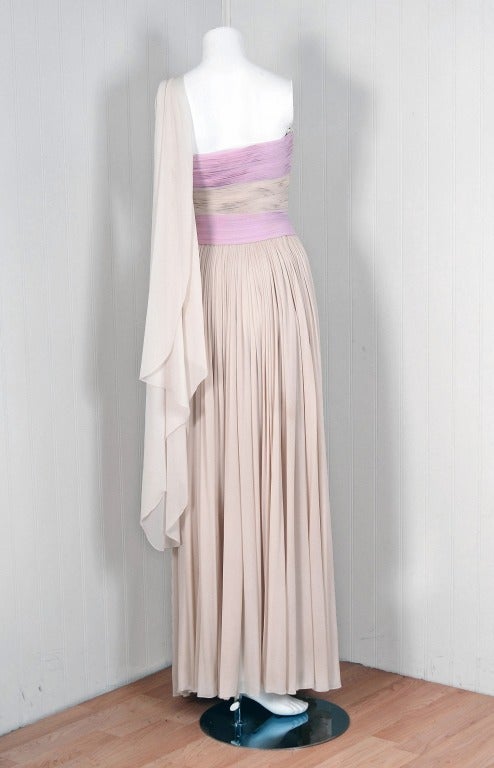 1950's Heavily-Pleated Ivory Lilac Couture Silk-Jersey Grecian Gown 1
