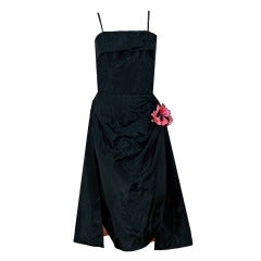Vintage 1950's Black & Pink Taffeta Skirted Wiggle Hourglass Cocktail Dress