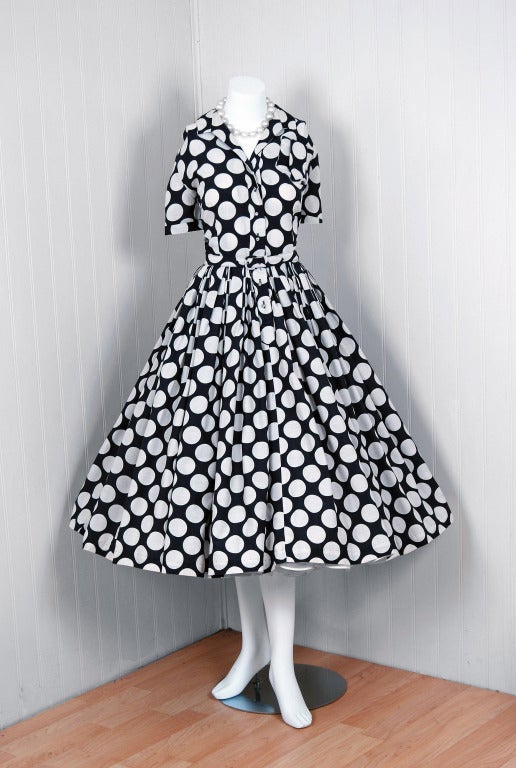1950's Polka-Dot Navy & White Belted Full Circle-Skirt Sun Dress