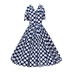 1950's Polka-Dot Navy & White Belted Full Circle-Skirt Sun Dress
