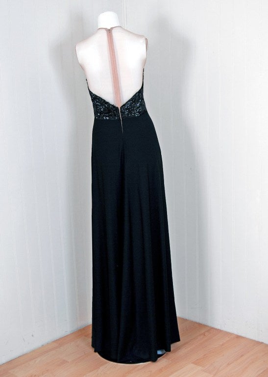 Women's 1960's Mr. Blackwell Black Sequin Sheer-Illusion Backless Gown