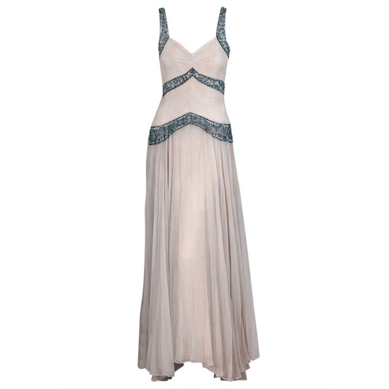 1930's Jay Thorpe Couture Ivory Creme Beaded Silk Bias-Cut Goddess Gown ...