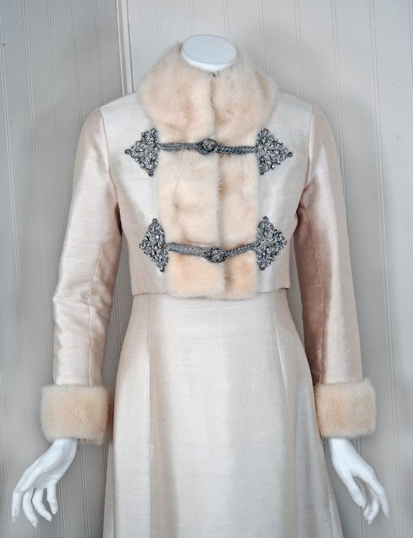 Gray 1960's Victoria Royal Ivory Beaded Silk-Dupioni Evening Gown & Mink-Trim Jacket