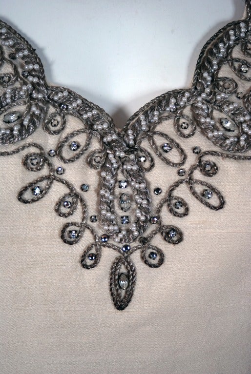 1960's Victoria Royal Ivory Beaded Silk-Dupioni Evening Gown & Mink-Trim Jacket 1