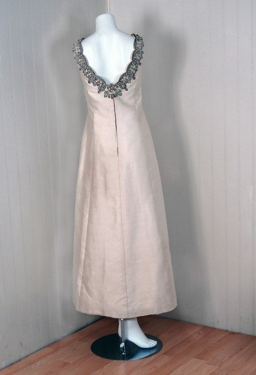 1960's Victoria Royal Ivory Beaded Silk-Dupioni Evening Gown & Mink-Trim Jacket 2