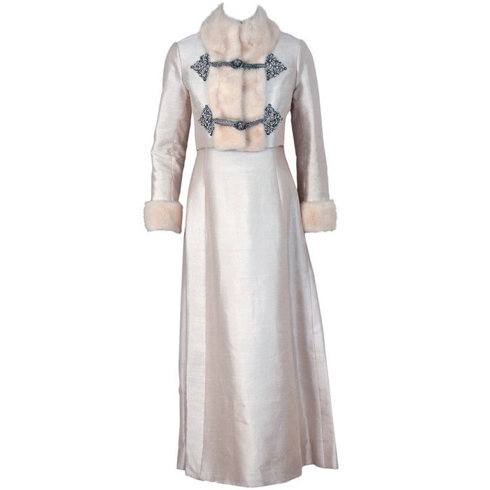 1960's Victoria Royal Ivory Beaded Silk-Dupioni Evening Gown & Mink-Trim Jacket