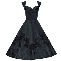 Vintage 1950's Black Embroidered-Swirl Taffeta Shelf-Bust Full Party Dress