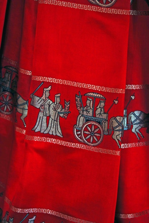 Women's 1950's Novelty Roman-Empire Red Print Satin Halter Dress & Jacket