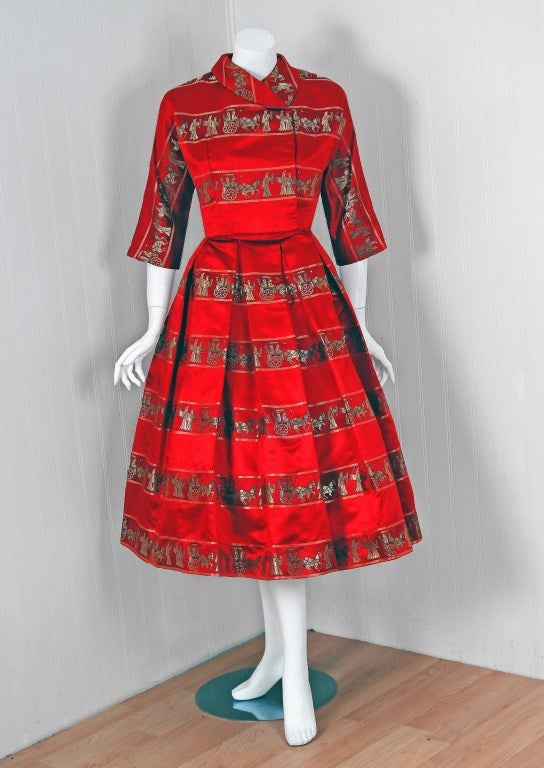 1950's Novelty Roman-Empire Red Print Satin Halter Dress & Jacket 1