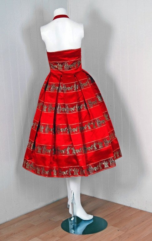 1950's Novelty Roman-Empire Red Print Satin Halter Dress & Jacket 2
