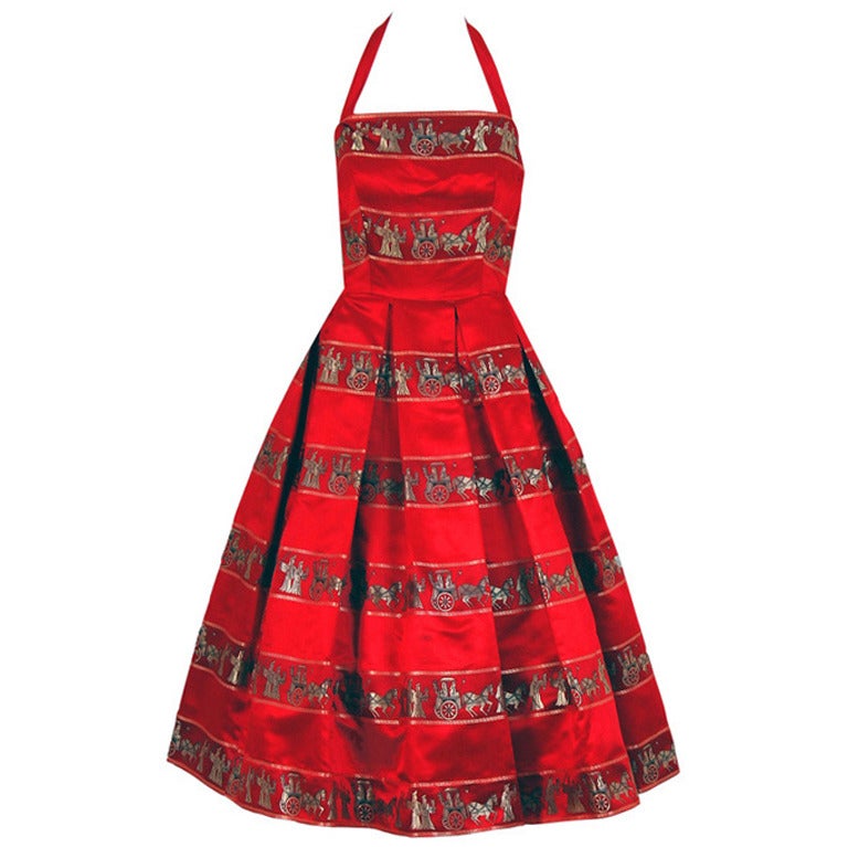 1950's Novelty Roman-Empire Red Print Satin Halter Dress & Jacket