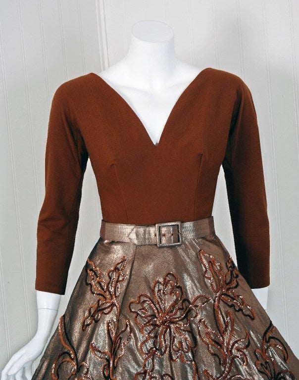 Brown 1950's Sequin Metallic-Gold Lame & Wool Circle-Skirt Party Dress