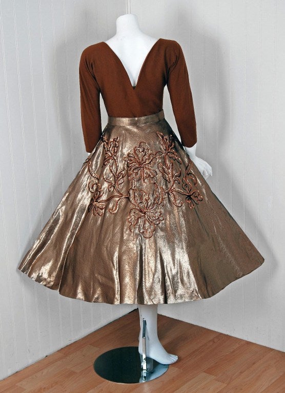 Women's 1950's Sequin Metallic-Gold Lame & Wool Circle-Skirt Party Dress