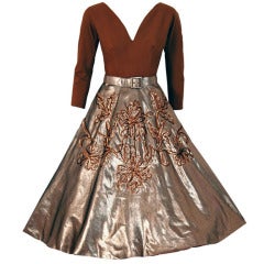 Vintage 1950's Sequin Metallic-Gold Lame & Wool Circle-Skirt Party Dress