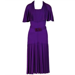 Vintage 1970's Jean Muir Purple Jersey Cape-Sleeve Belted Flounce Dress