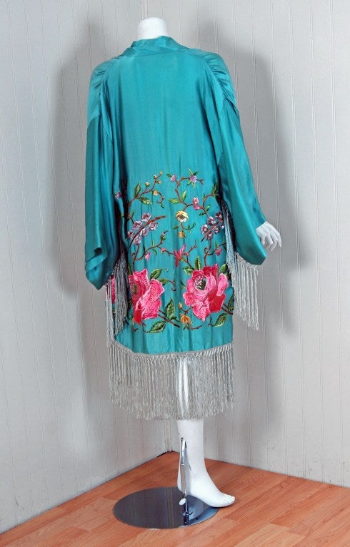 1920's Teal-Blue Embroidered Floral Fringed Silk Kimono Jacket 1