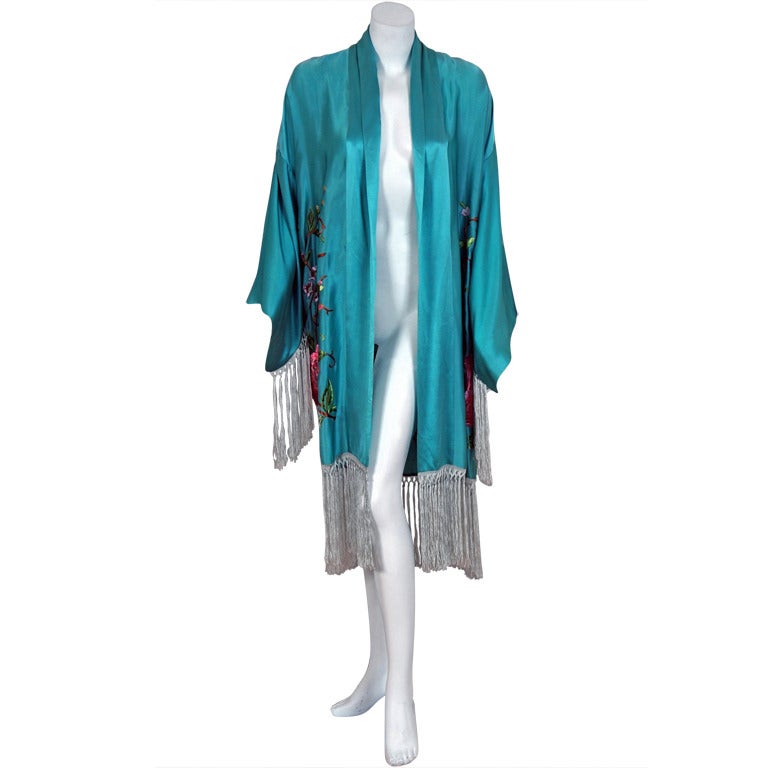 1920's Teal-Blue Embroidered Floral Fringed Silk Kimono Jacket