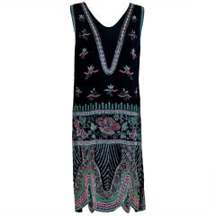 1920's French Couture Pink & Green Beaded Floral-Motif Silk Deco Flapper Dress