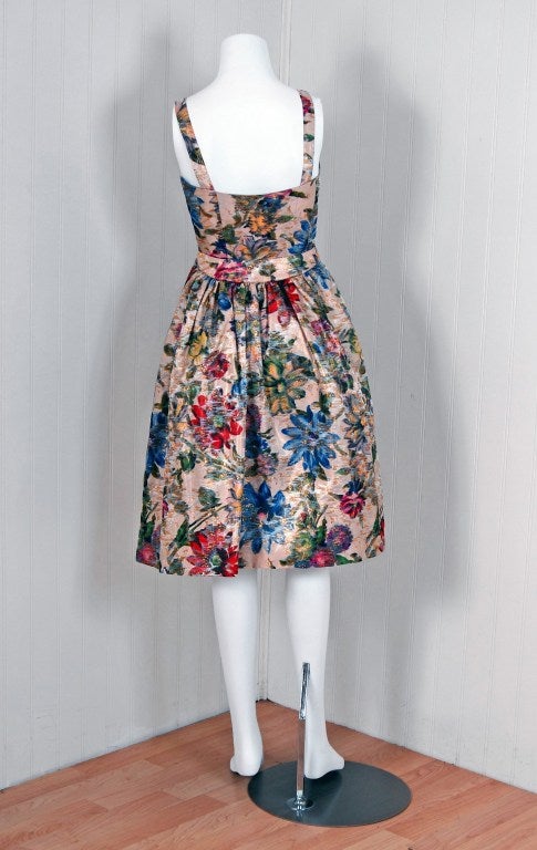 1950's Lee Claire Metallic-Floral Watercolor Silk Cocktail Dress 1