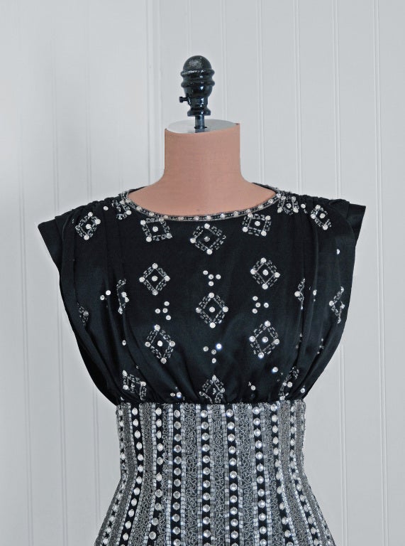 Women's 1970's Richilene Jeweled Beaded Black Silk-Satin Grecian Dress