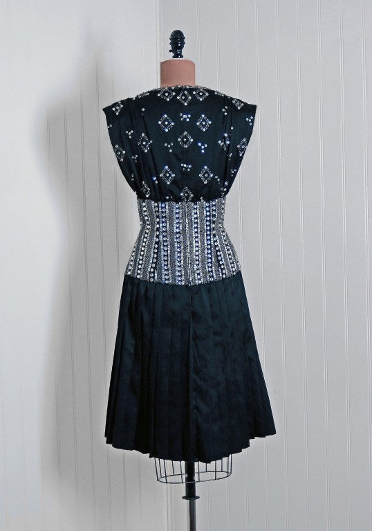 1970's Richilene Jeweled Beaded Black Silk-Satin Grecian Dress 2