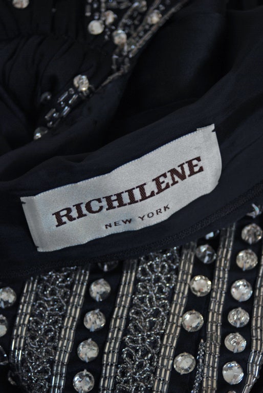1970's Richilene Jeweled Beaded Black Silk-Satin Grecian Dress 3