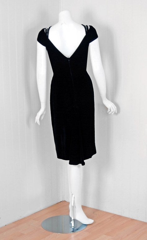Women's 1950's Mr. Blackwell Beaded Black Velvet Cut-Out Cocktail Dress
