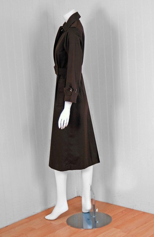 Black 1970's Yves Saint Laurent Chocolate Brown Cotton-Twill Belted Trench Coat