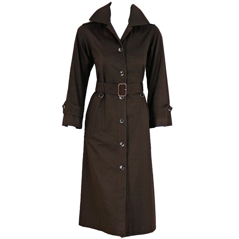 1970's Yves Saint Laurent Chocolate Brown Cotton-Twill Belted Trench Coat